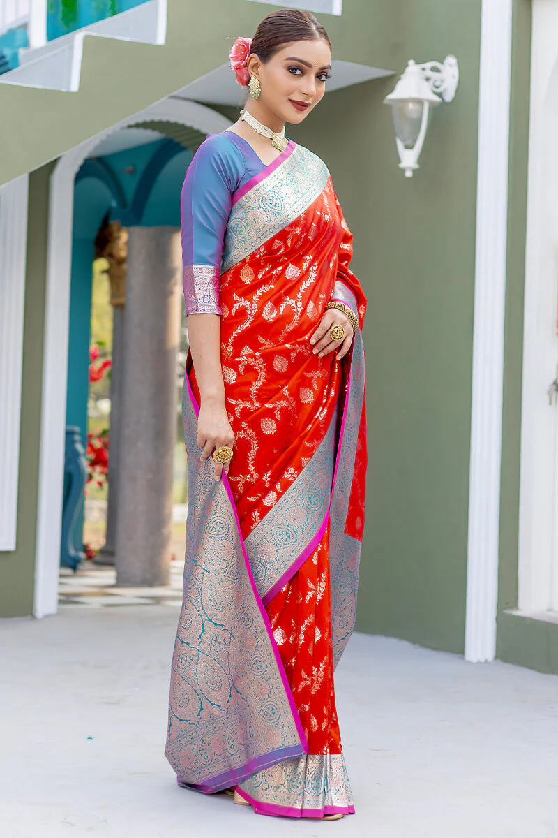 Invaluable Red Soft Banarasi Silk Saree With Demanding Blouse Piece - Image 4