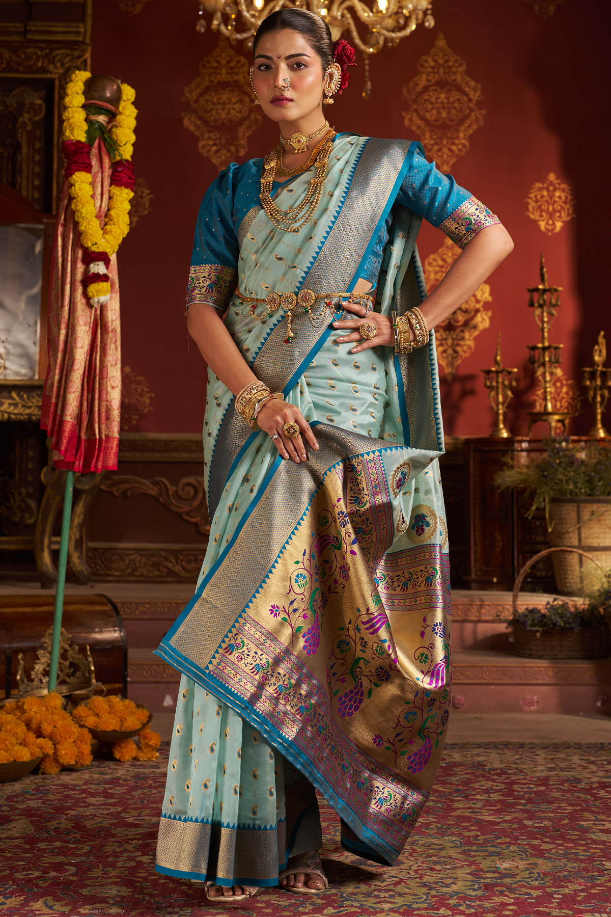 Invaluable Sky Organza Paithani Silk Saree With Chatoyant Blouse Piece - Image 3