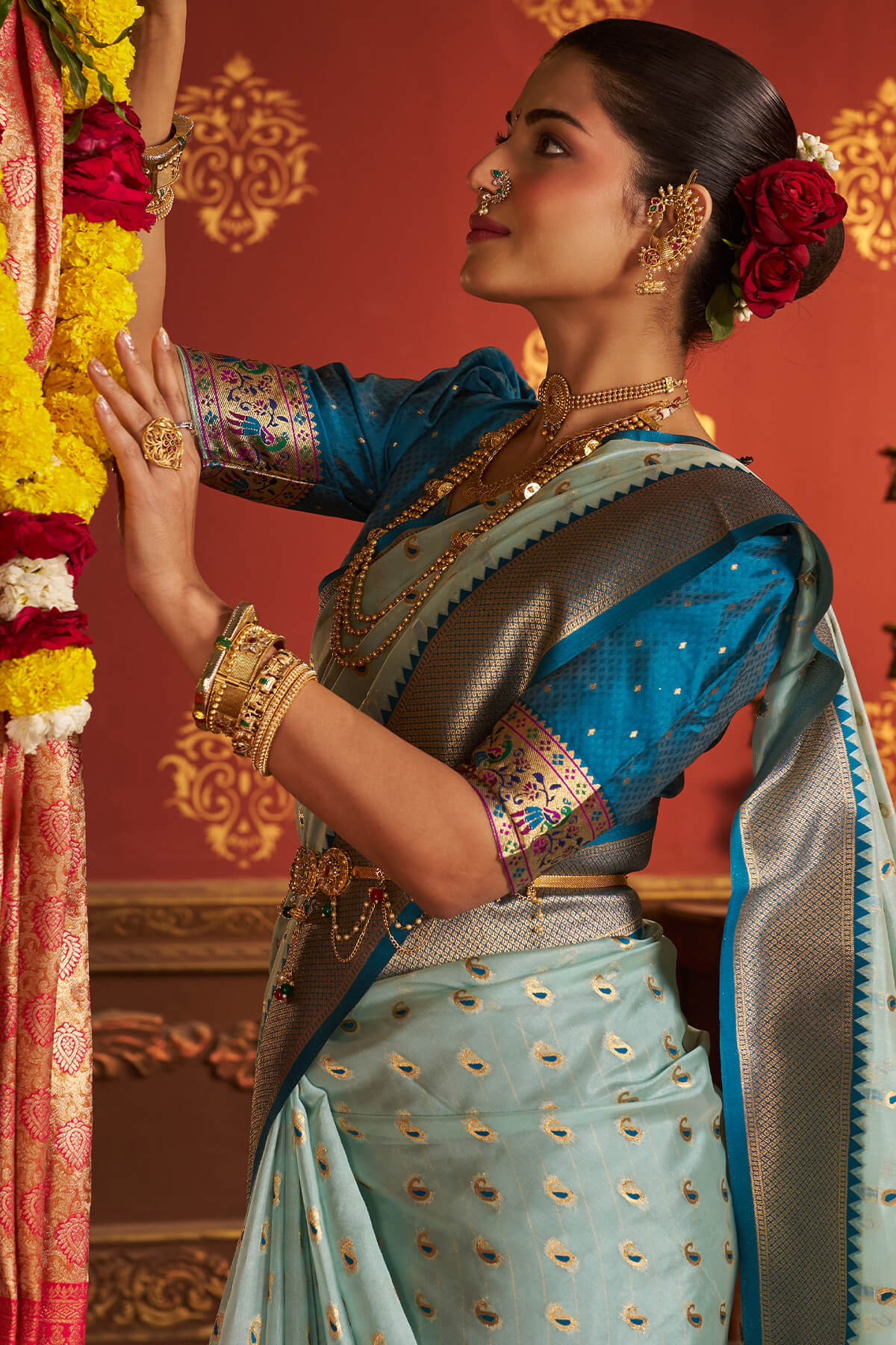 Invaluable Sky Organza Paithani Silk Saree With Chatoyant Blouse Piece - Image 4