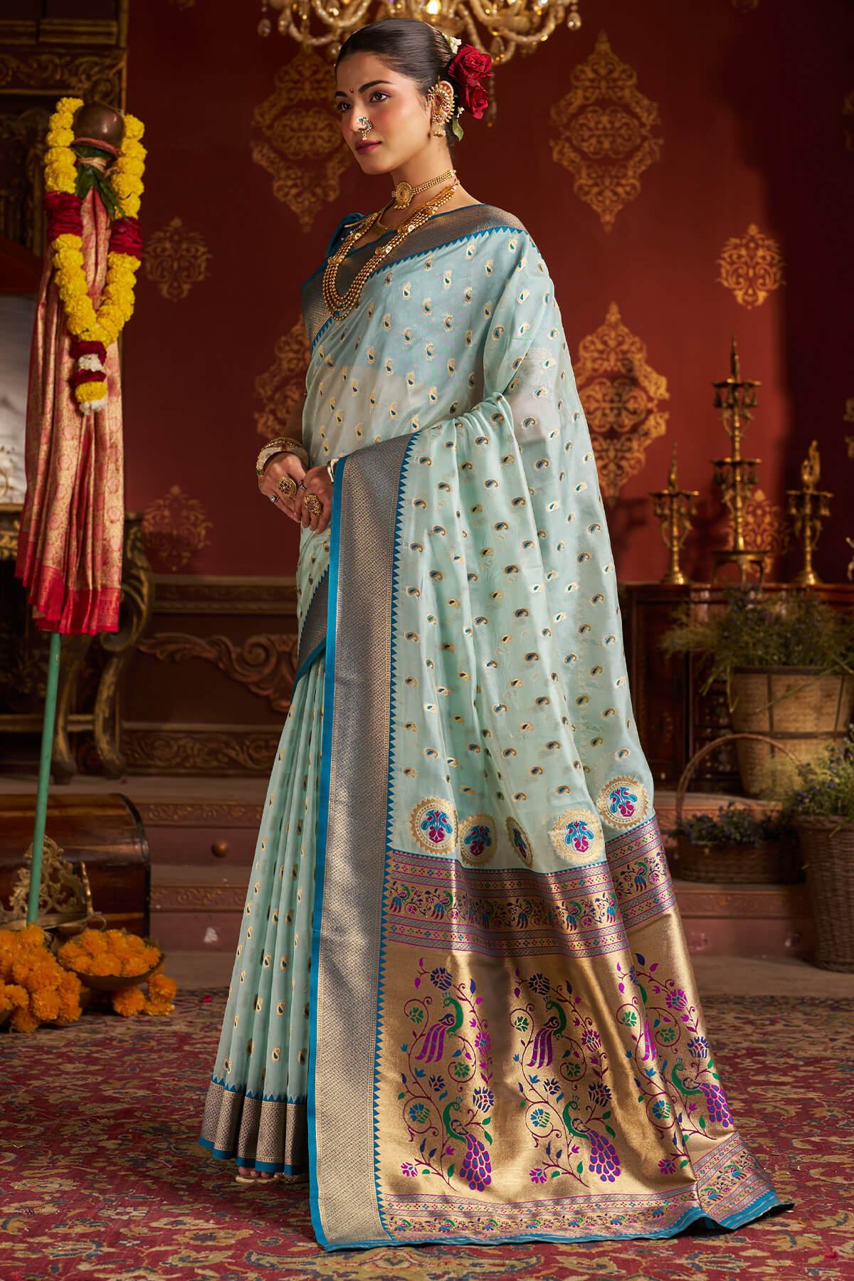 Invaluable Sky Organza Paithani Silk Saree With Chatoyant Blouse Piece - Image 5
