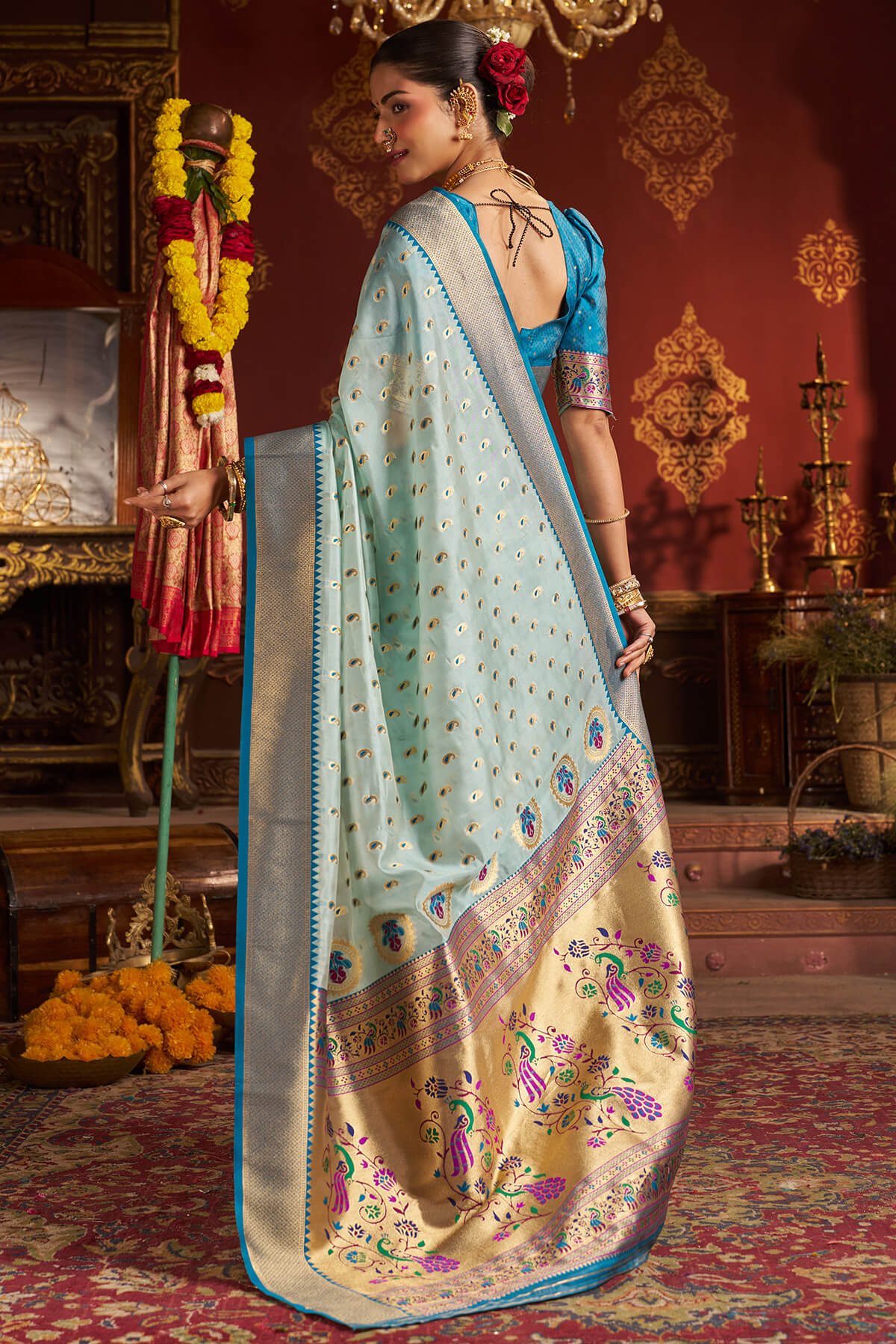 Invaluable Sky Organza Paithani Silk Saree With Chatoyant Blouse Piece - Image 6