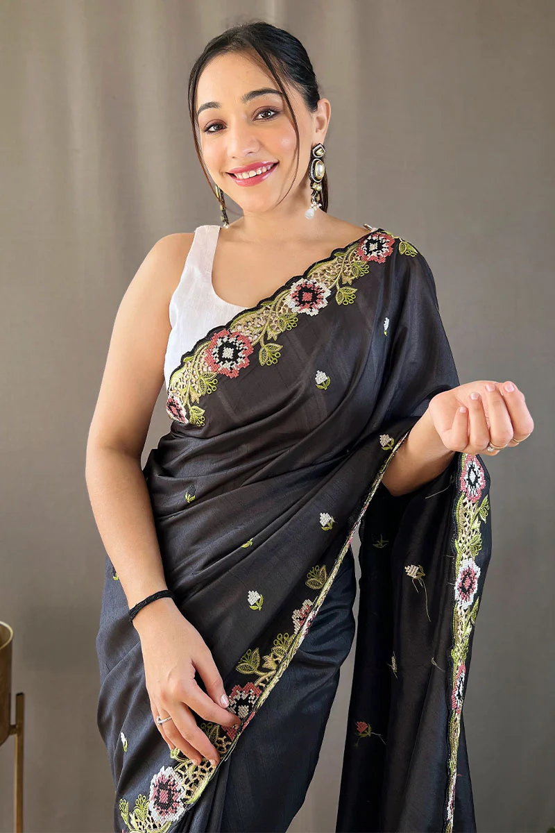 Jazzy Black Embroidery Work Tussar Silk Saree With Girlish Blouse Piece - Image 2