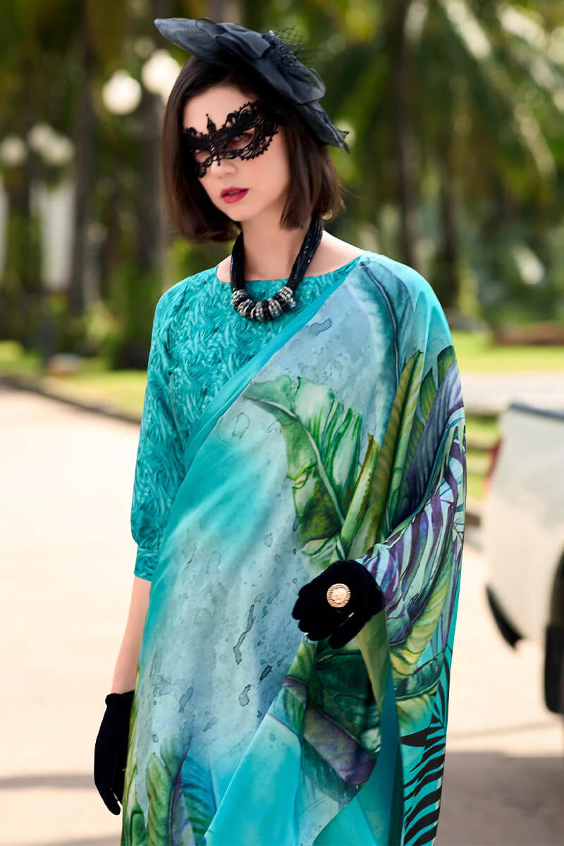 Jazzy Firozi Digital Printed Satin Silk Saree With Hypnotic Blouse Piece - Image 2