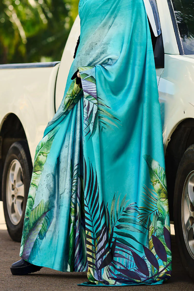 Jazzy Firozi Digital Printed Satin Silk Saree With Hypnotic Blouse Piece - Image 3
