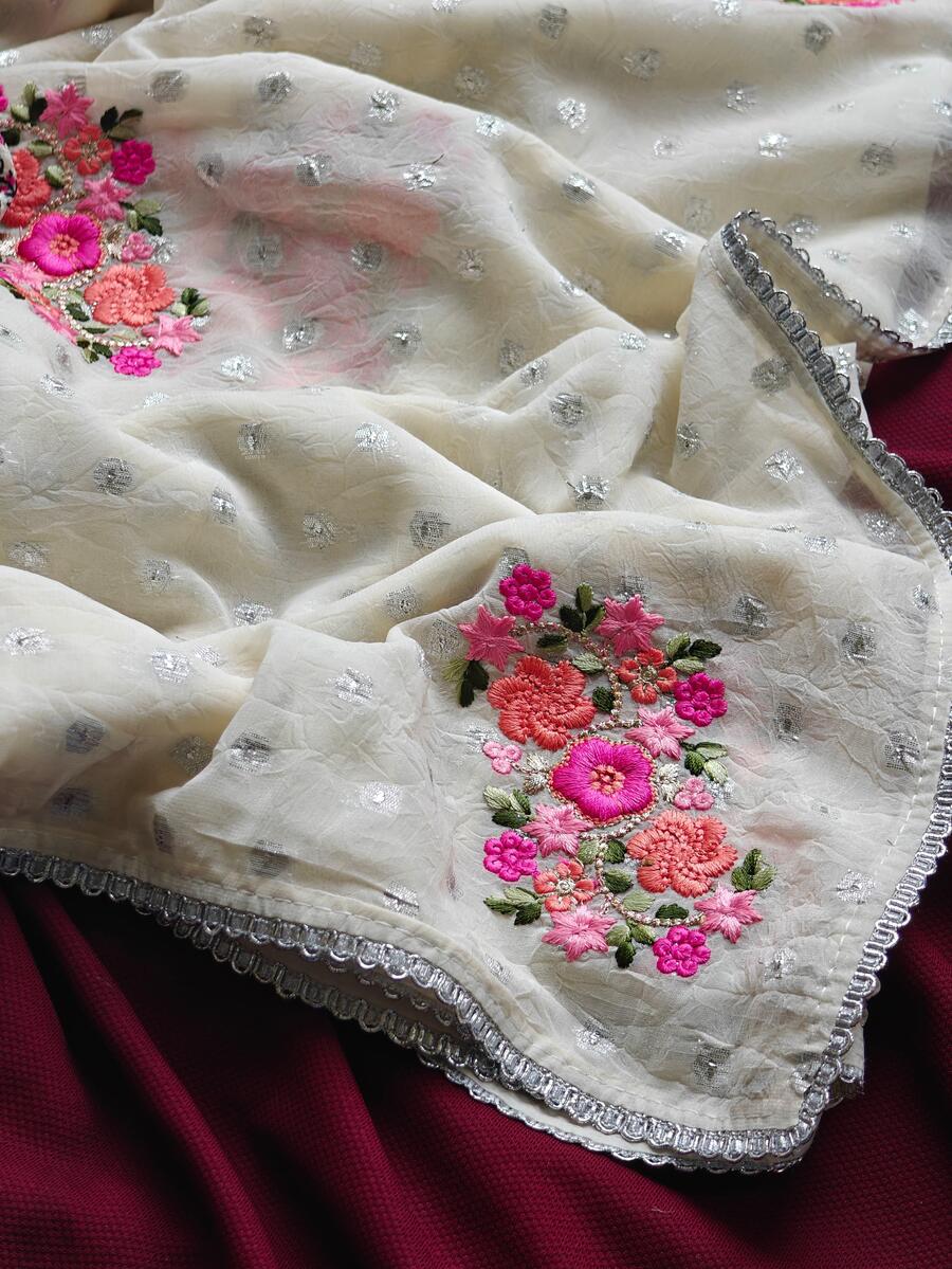 Jazzy Off White Embroidery Work Chiffon Silk Saree With Fragrant Blouse Piece - Image 3