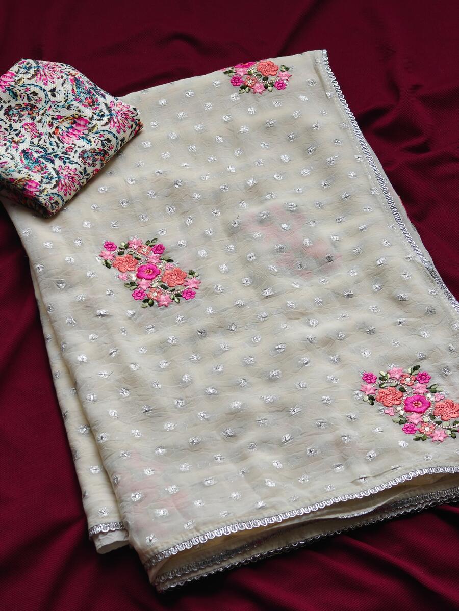 Jazzy Off White Embroidery Work Chiffon Silk Saree With Fragrant Blouse Piece - Image 5