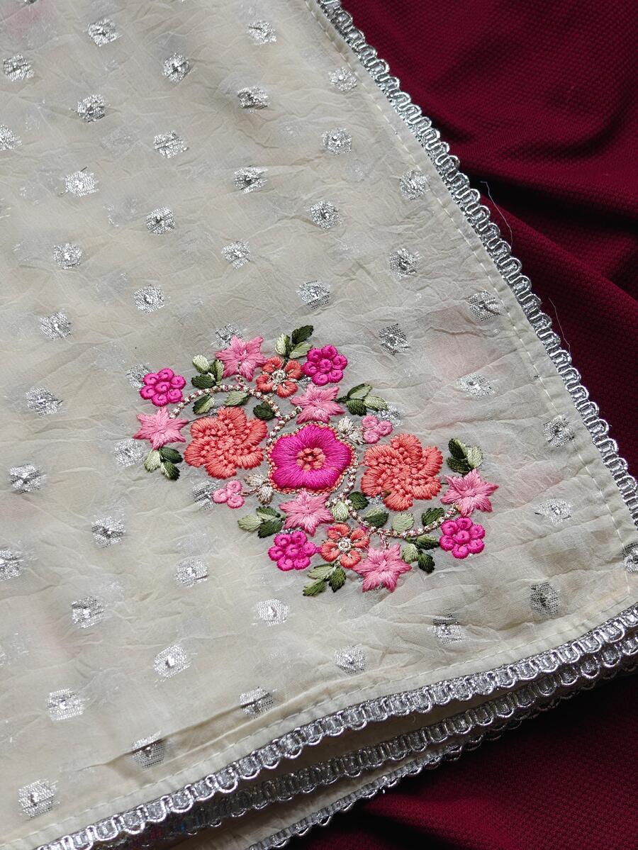 Jazzy Off White Embroidery Work Chiffon Silk Saree With Fragrant Blouse Piece - Image 6