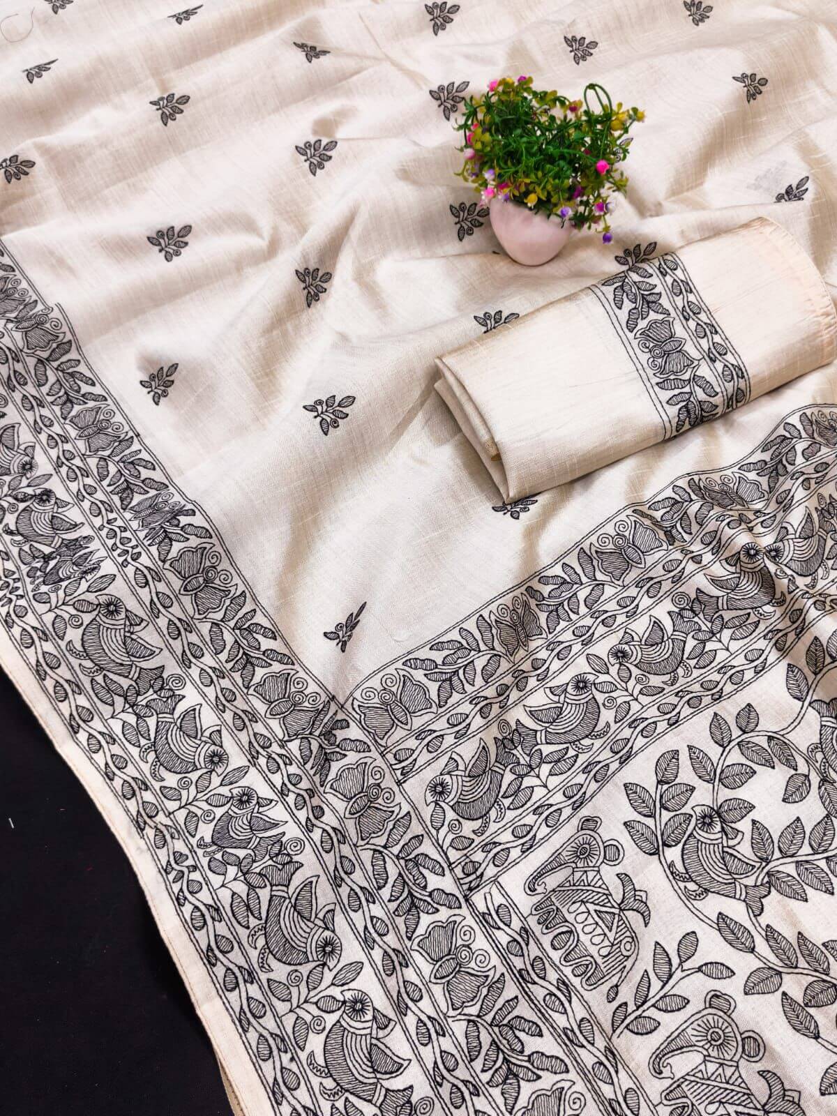 Jazzy Off White Embroidery Work Tussar Silk Saree With Sempiternal Blouse Piece - Image 4