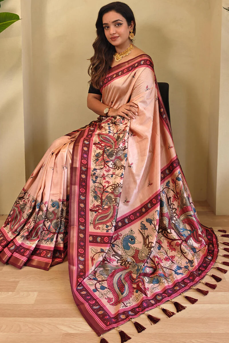 Jazzy Peach Kalamkari Printed Viscose Dola Silk Saree With Unique Blouse Piece - Image 2