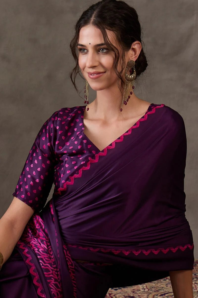 Jazzy Purple Ajrakh Printed Semi Modal Silk Saree With Ideal Blouse Piece - Image 2