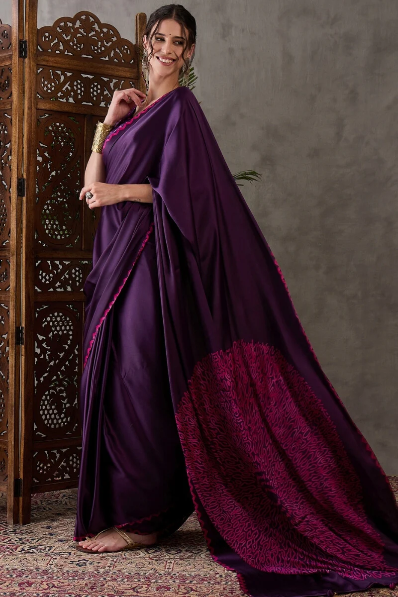 Jazzy Purple Ajrakh Printed Semi Modal Silk Saree With Ideal Blouse Piece - Image 5