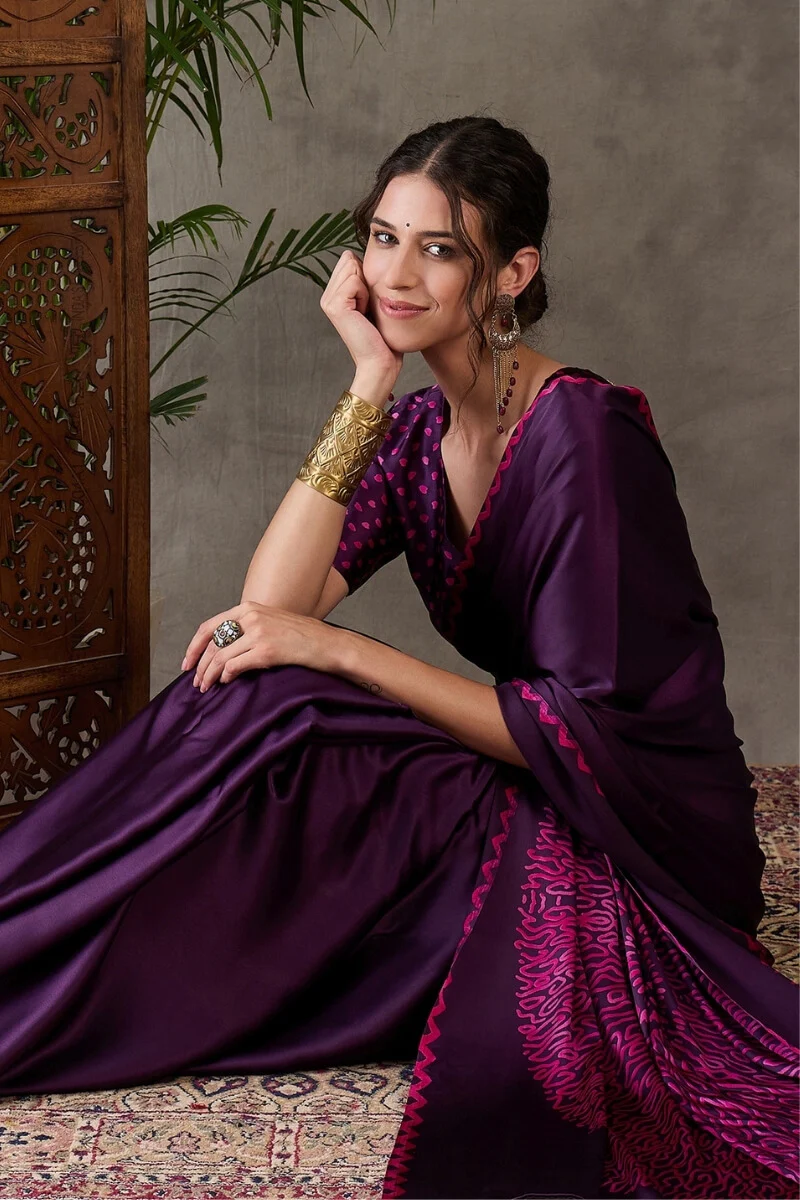 Jazzy Purple Ajrakh Printed Semi Modal Silk Saree With Ideal Blouse Piece - Image 6