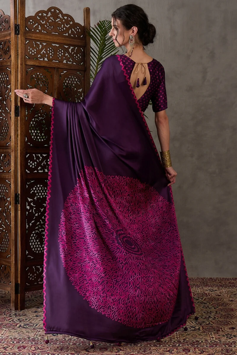 Jazzy Purple Ajrakh Printed Semi Modal Silk Saree With Ideal Blouse Piece - Image 7