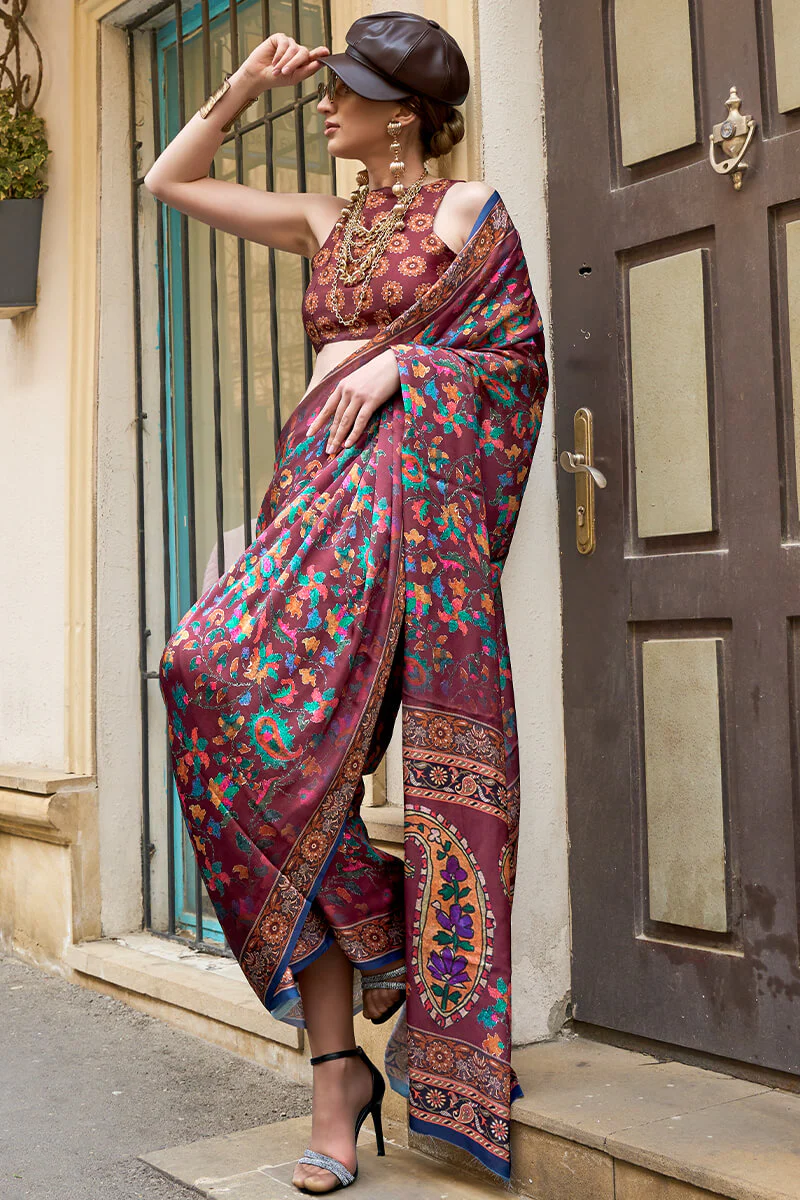 Jazzy Purple Digital Printed Satin Silk Saree With Adorable Blouse Piece - Image 2