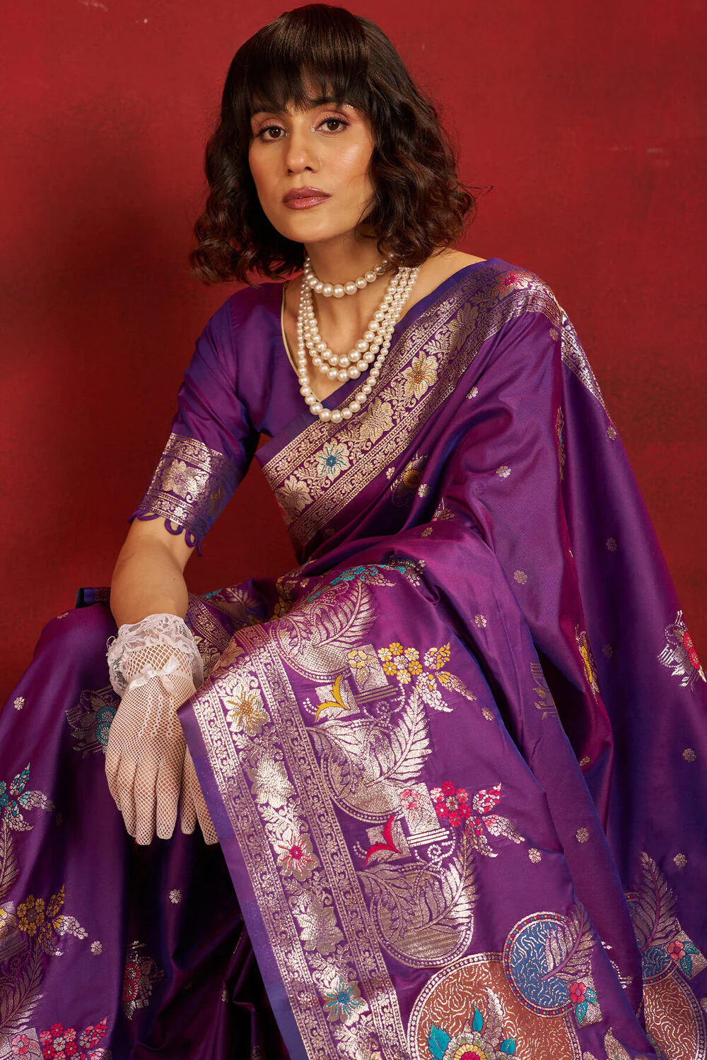 Jazzy Purple Pure Zari Weaving Banarasi Silk Saree With Designer Blouse Piece - Image 2