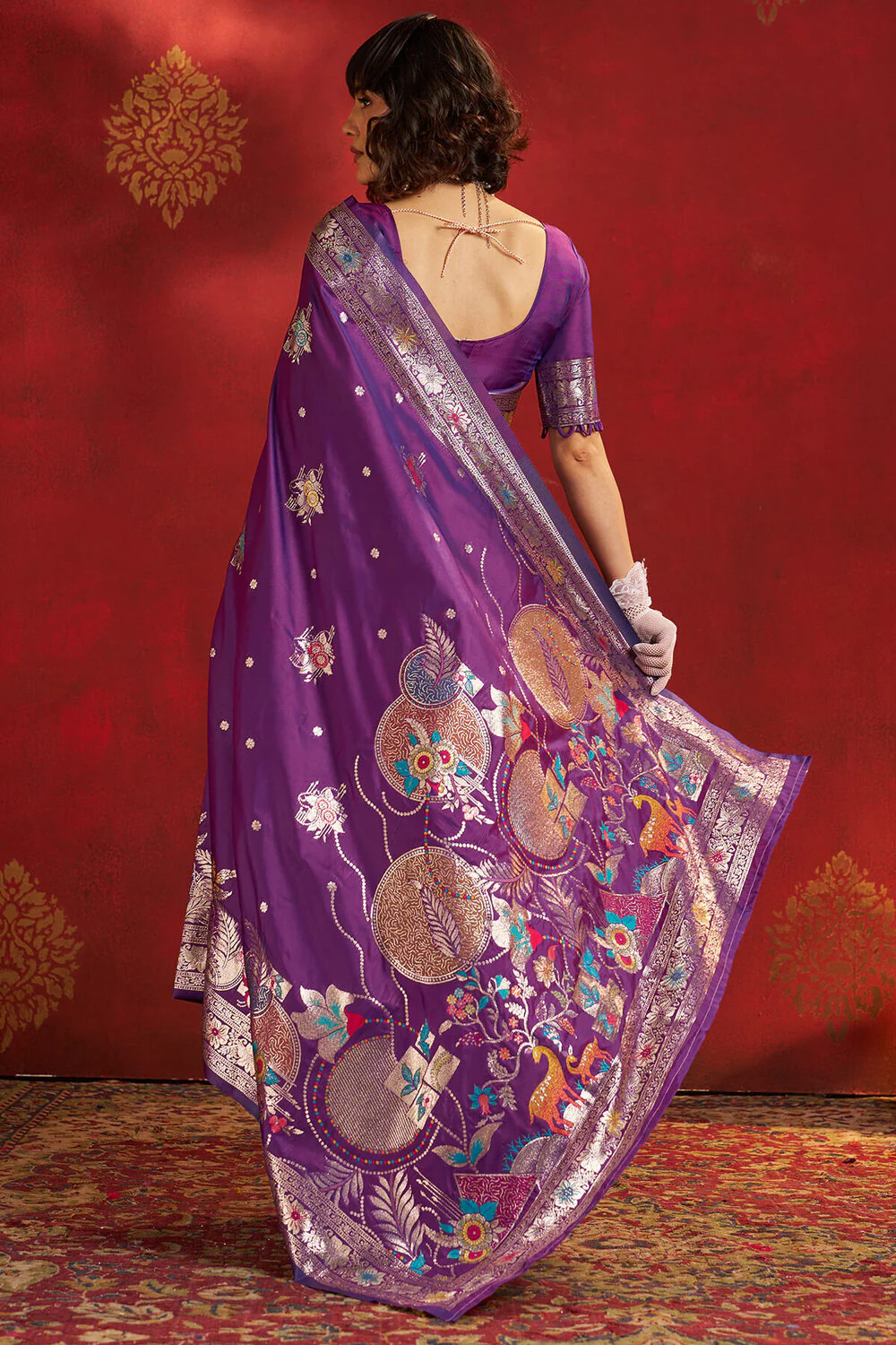 Jazzy Purple Pure Zari Weaving Banarasi Silk Saree With Designer Blouse Piece - Image 6