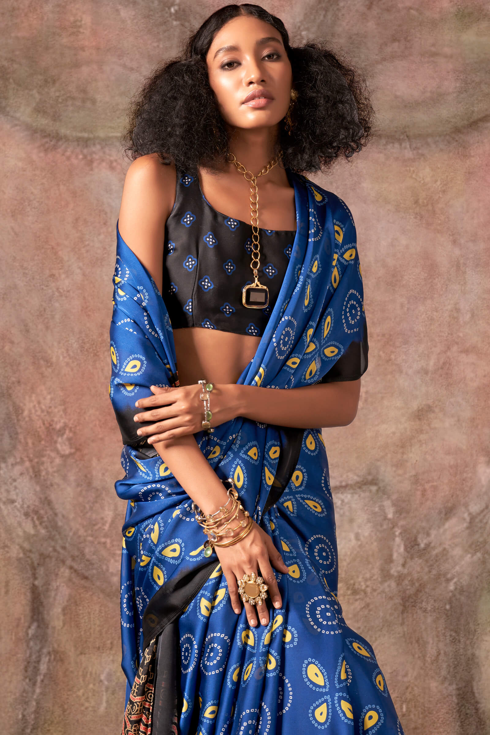 Jazzy Royal Blue Ajrakh Printed Satin Silk Saree With Captivating Blouse Piece - Image 2