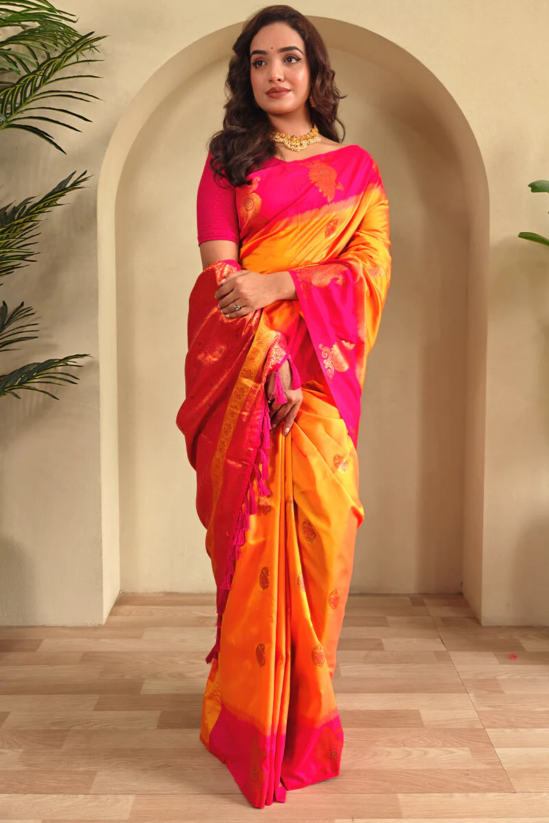 Jazzy Yellow Soft Banarasi Silk Saree With Effulgent Blouse Piece - Image 3