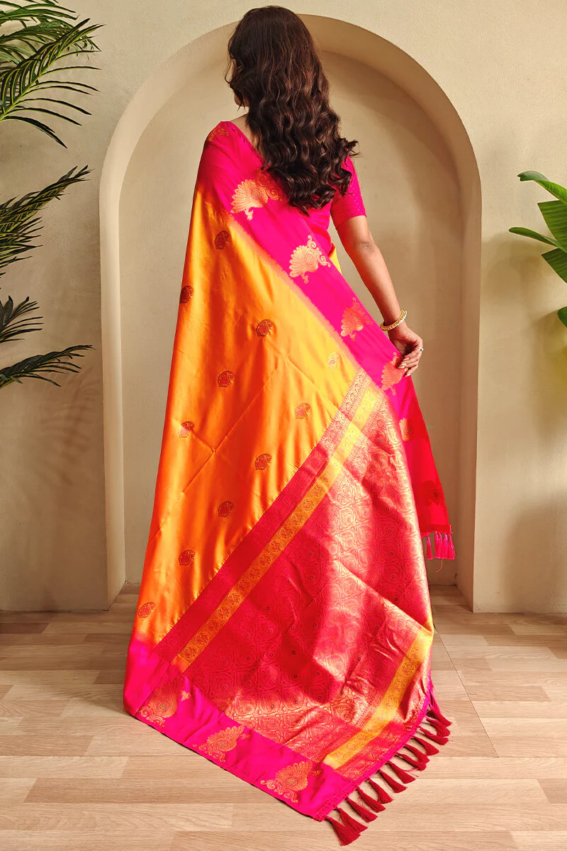 Jazzy Yellow Soft Banarasi Silk Saree With Effulgent Blouse Piece - Image 4