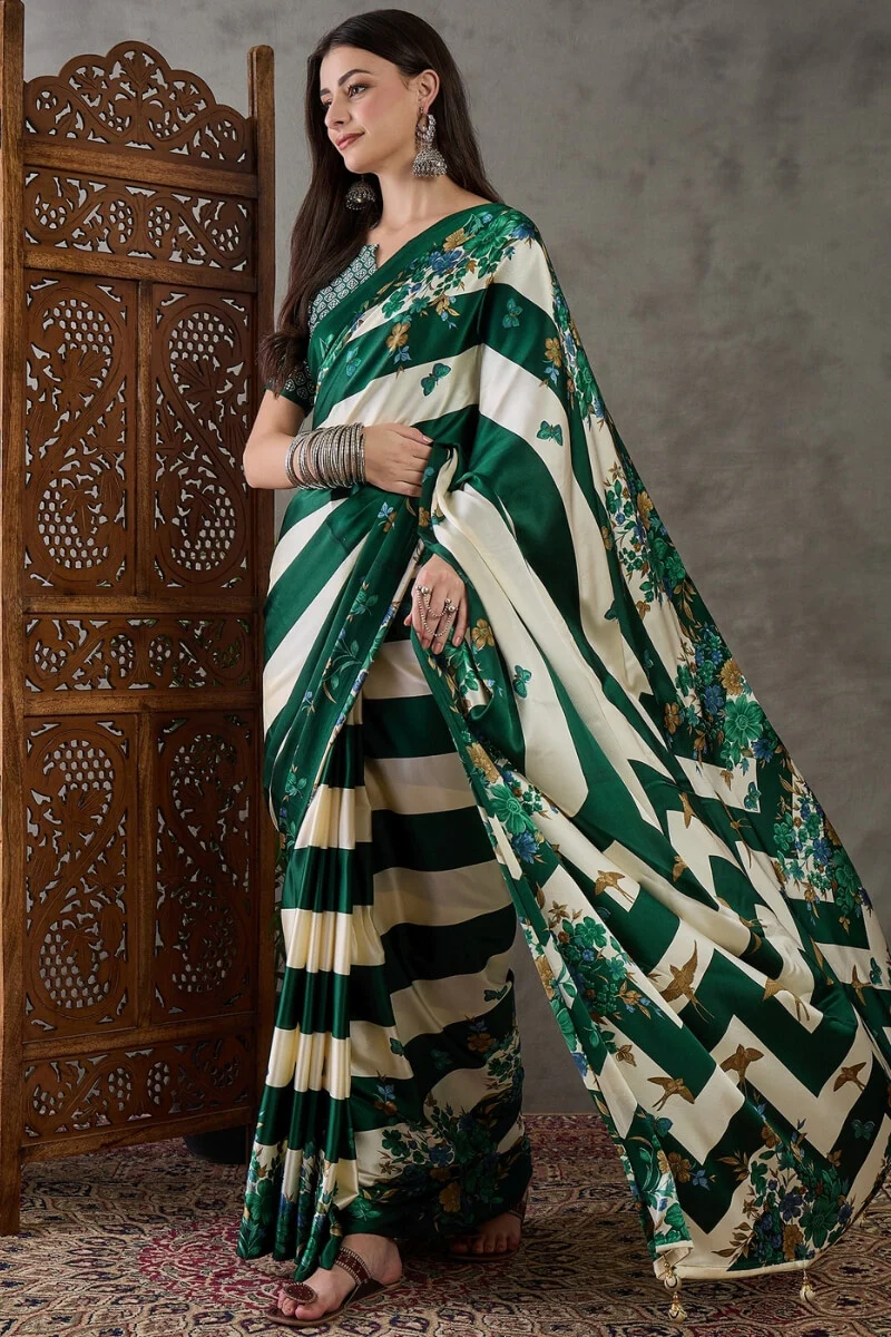 Jubilant Dark Green Ajrakh Printed Semi Modal Silk Saree With Efflorescence Blouse Piece - Image 3