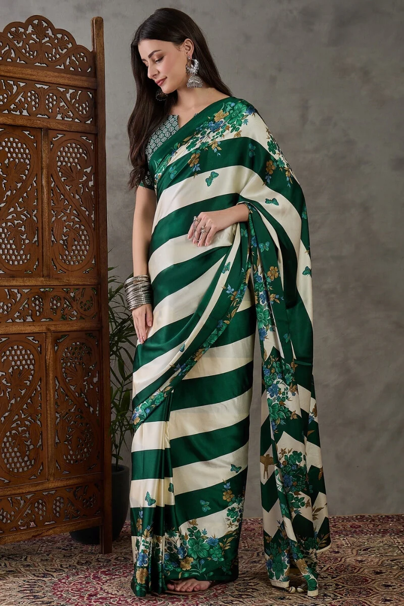 Jubilant Dark Green Ajrakh Printed Semi Modal Silk Saree With Efflorescence Blouse Piece - Image 6