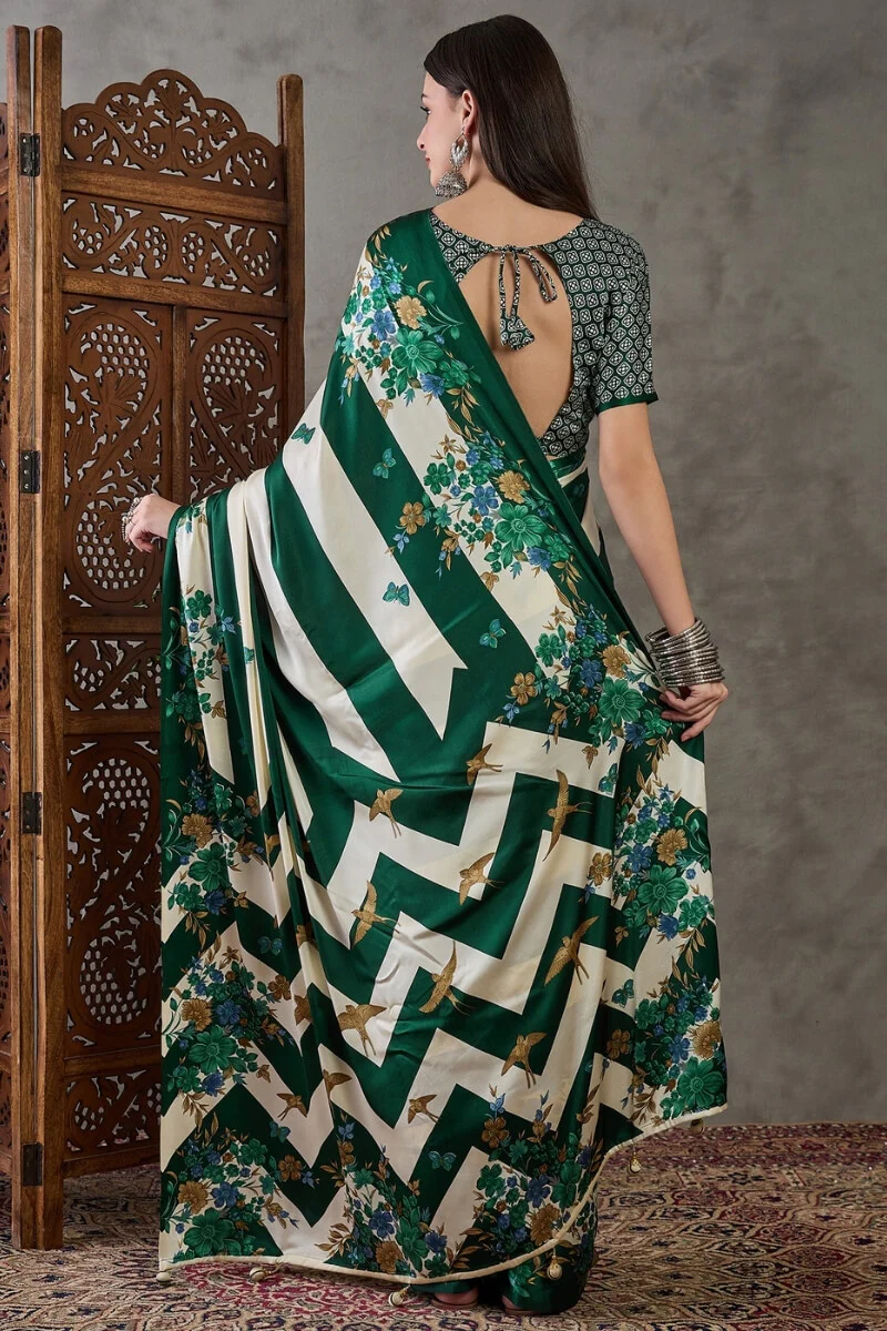 Jubilant Dark Green Ajrakh Printed Semi Modal Silk Saree With Efflorescence Blouse Piece - Image 7