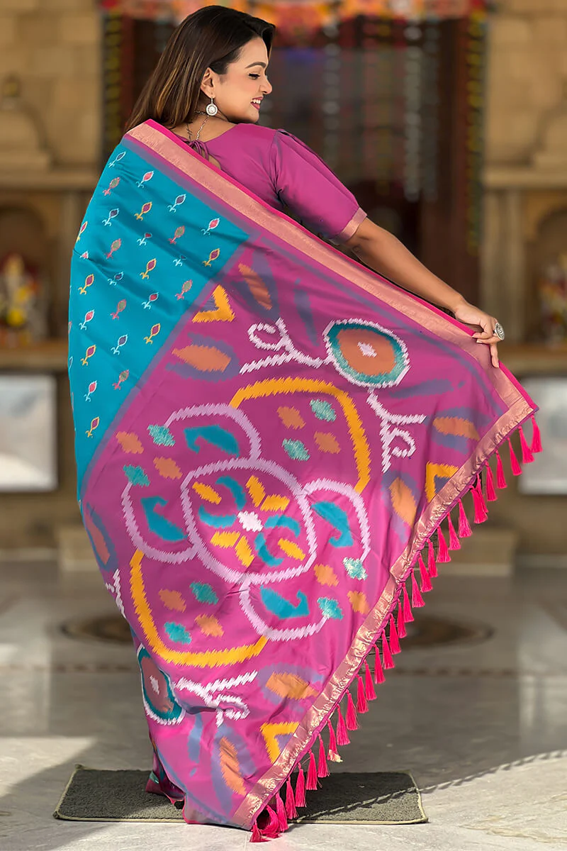 Jubilant Firozi Soft Banarasi Silk Saree With Verdant Blouse Piece - Image 3