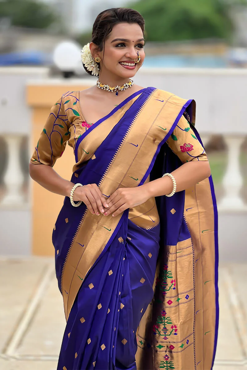 Jubilant Navy Blue Paithani Silk Saree With Ravishing Blouse Piece - Image 2