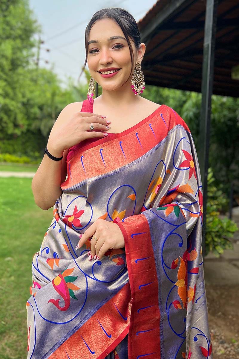 Jubilant Royal Blue Paithani Silk Saree With Glowing Blouse Piece - Image 2
