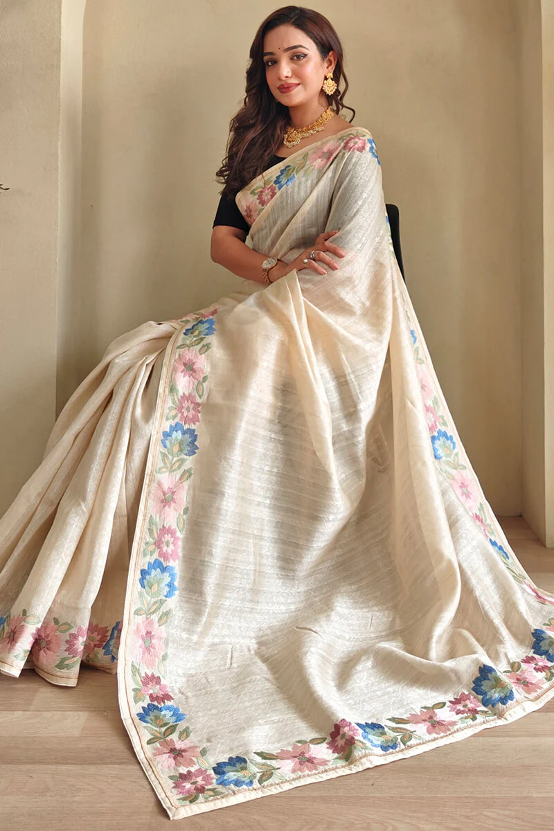 Lagniappe Beige Embroidery Work Tussar Silk Saree With Petrichor Blouse Piece - Image 2