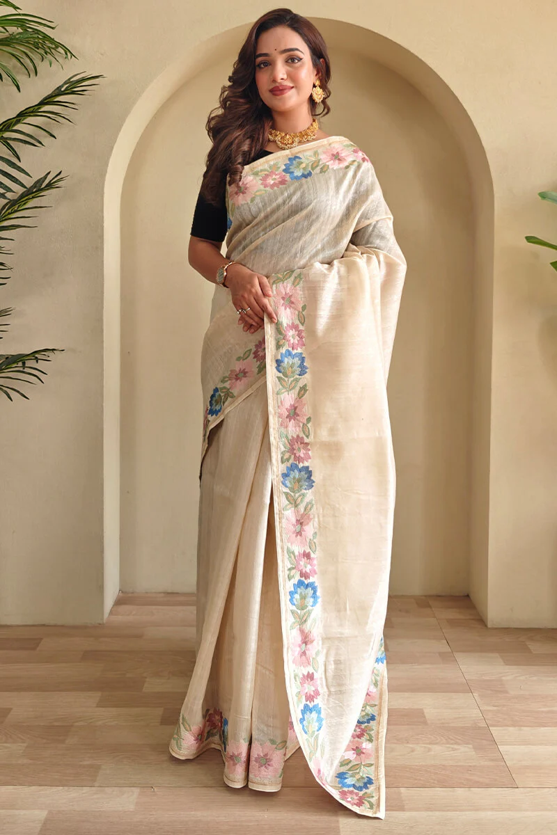 Lagniappe Beige Embroidery Work Tussar Silk Saree With Petrichor Blouse Piece - Image 3