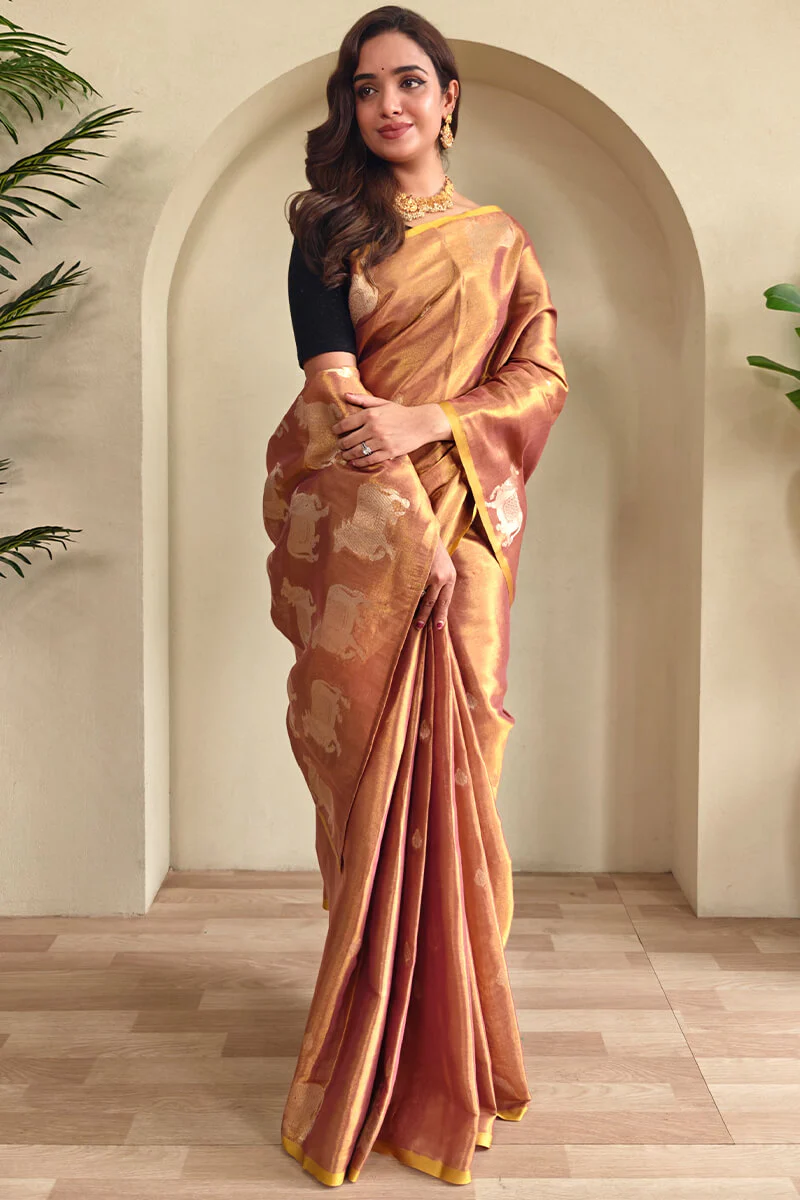 Lagniappe Brown Soft Banarasi Tissue Silk Saree With Dalliance Blouse Piece - Image 3