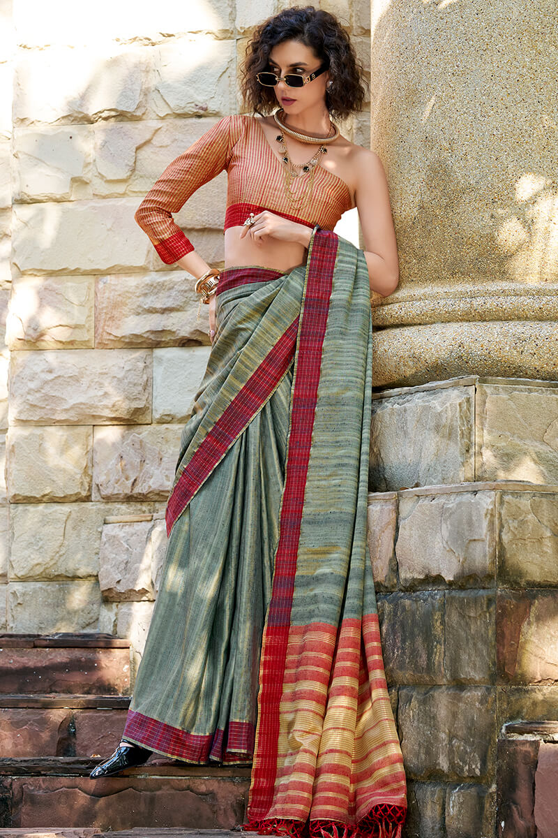 Lagniappe Dark Green Cotton Silk Saree With Vestigial Blouse Piece - Image 3