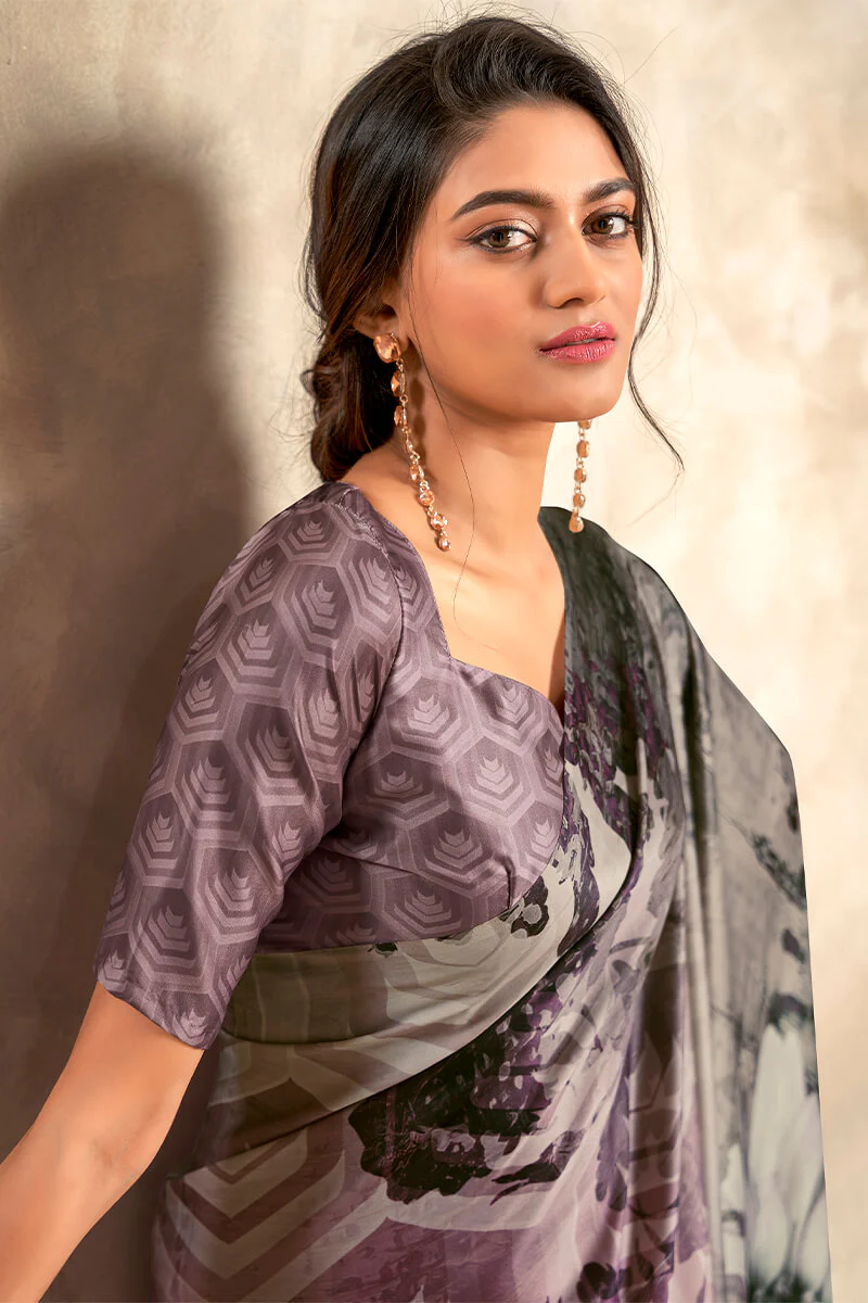 Lagniappe Grey Digital Printed Soft Silk Saree With Scintilla Blouse Piece - Image 3