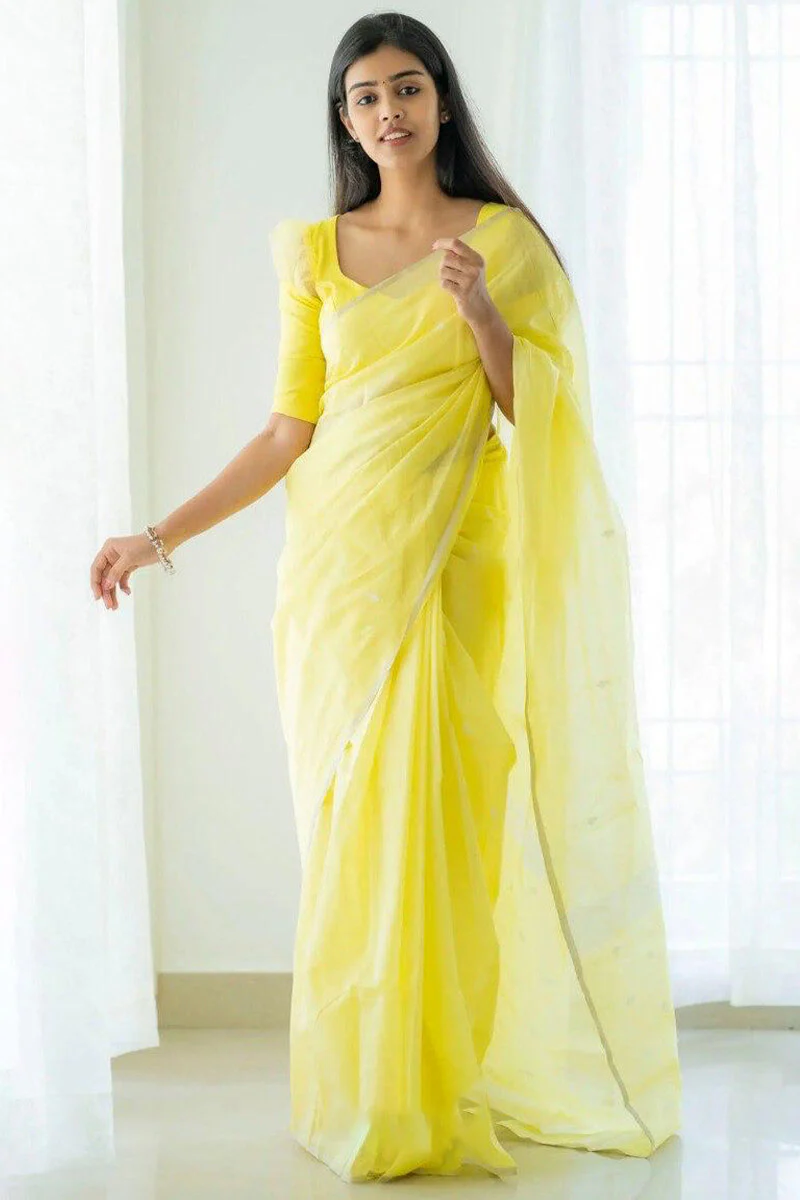 Lagniappe Lemon Cotton Silk Saree With Lissome Blouse Piece - Image 3