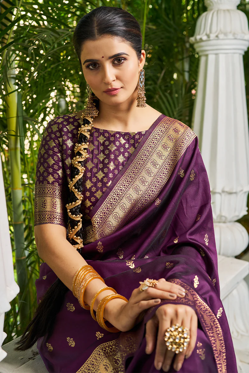 Lagniappe Purple Banarasi Silk Saree With Panoply Blouse Piece - Image 2