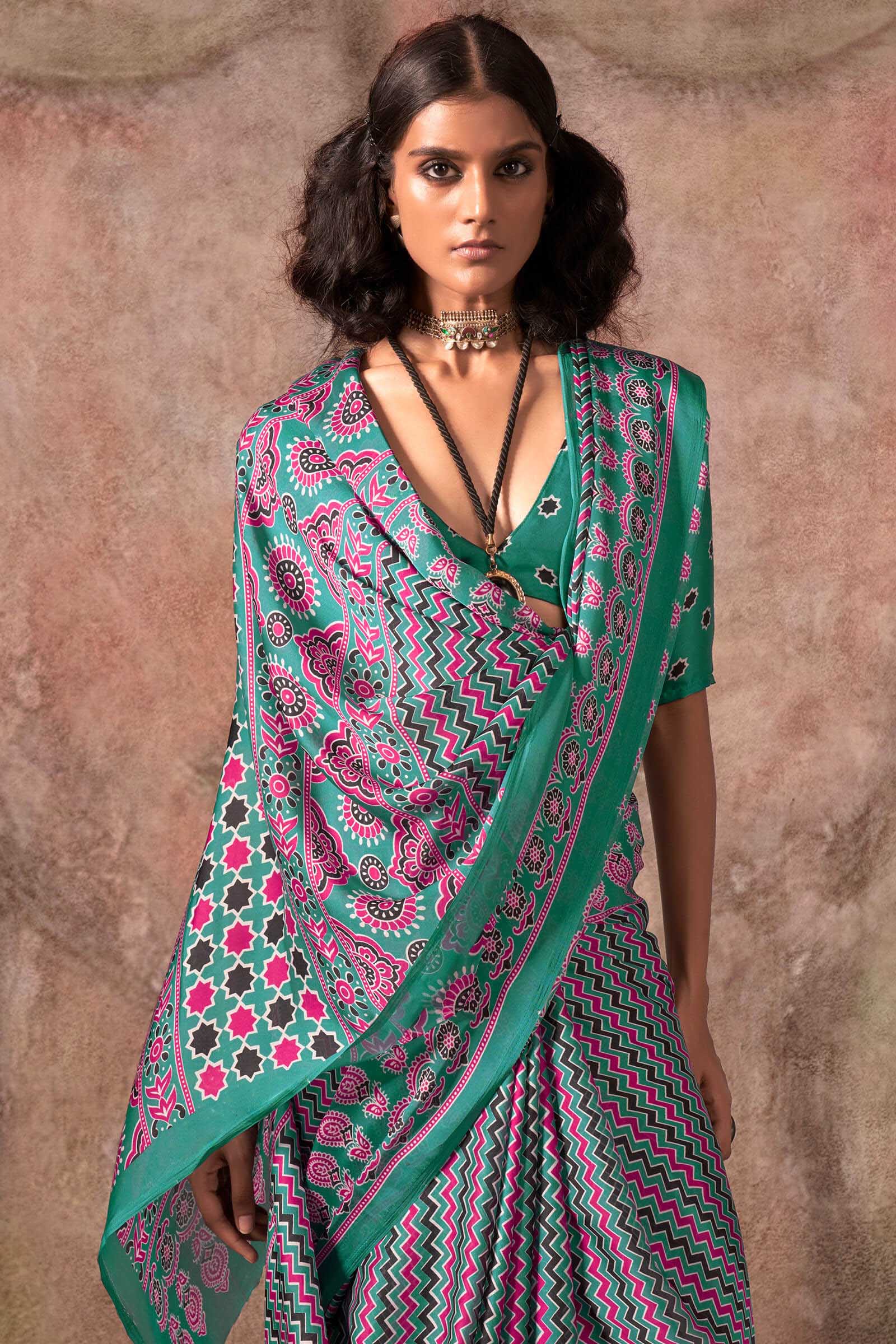Lagniappe Sea Green Ajrakh Printed Satin Silk Saree With Glamorous Blouse Piece - Image 2
