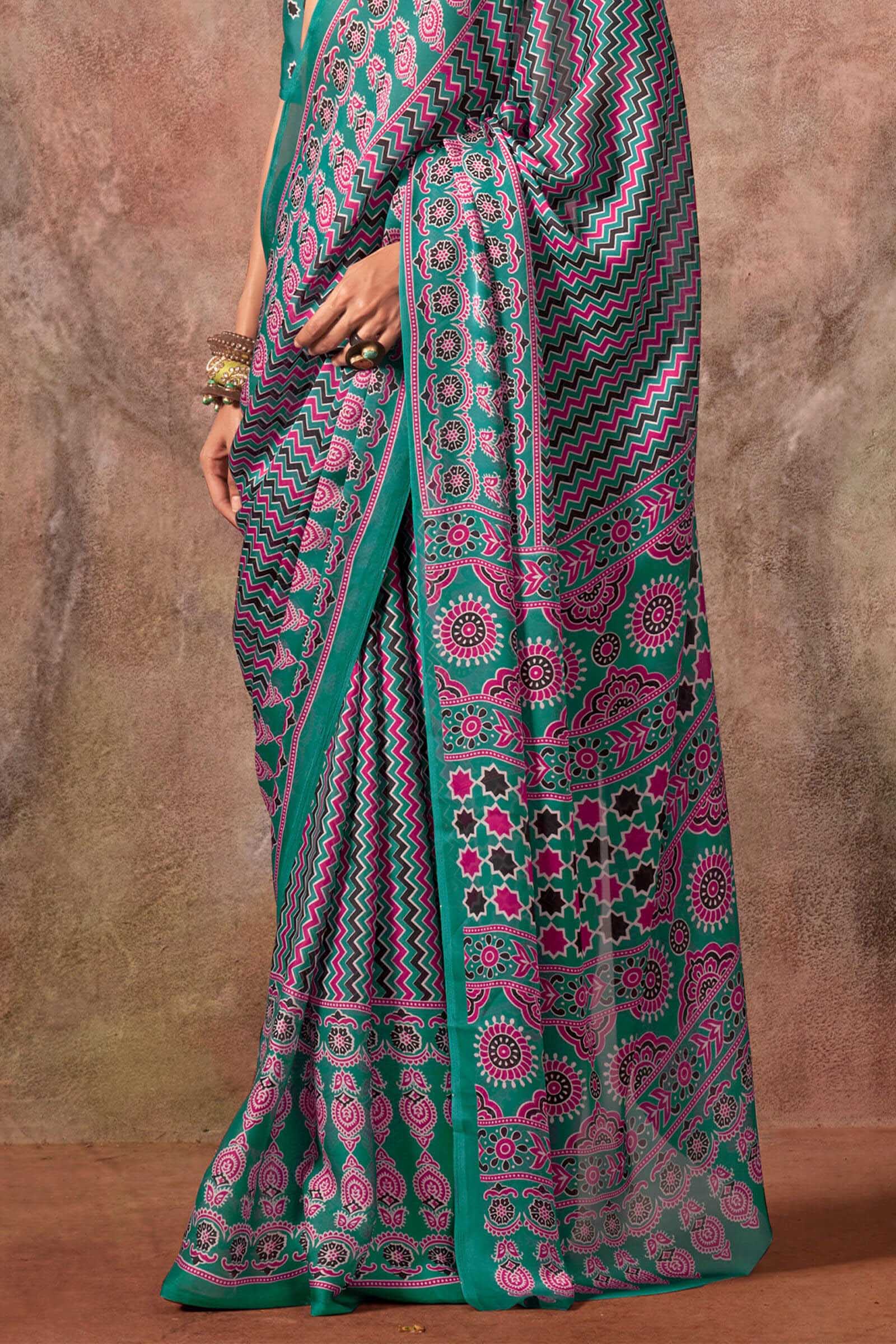 Lagniappe Sea Green Ajrakh Printed Satin Silk Saree With Glamorous Blouse Piece - Image 3