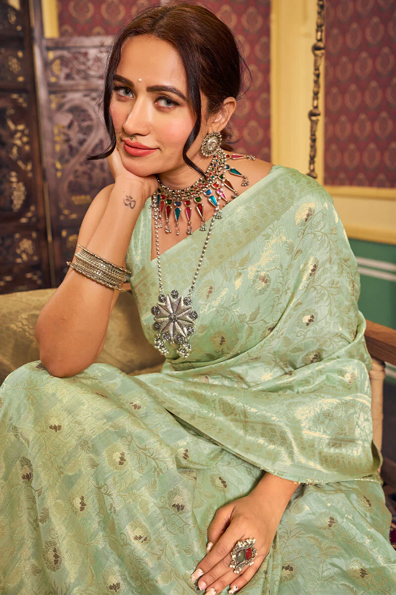 Lagniappe Sea Green Soft Banarasi Silk Saree With Comely Blouse Piece - Image 2