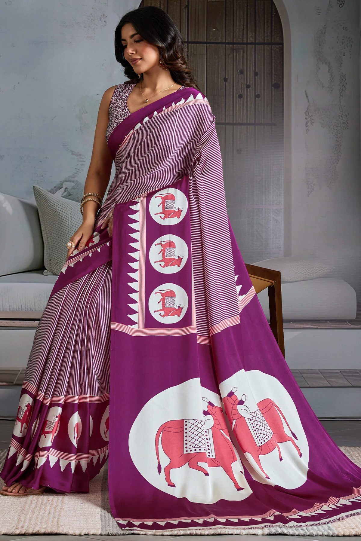 Lagniappe Wine Ajrakh Printed Satin Silk Saree With Diaphanous Blouse Piece - Image 5