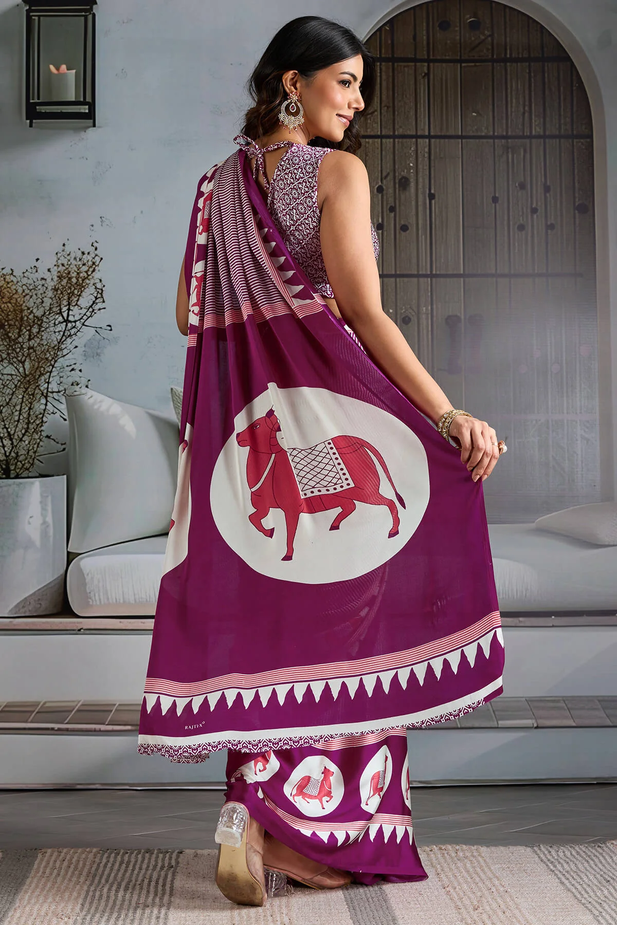 Lagniappe Wine Ajrakh Printed Satin Silk Saree With Diaphanous Blouse Piece - Image 6