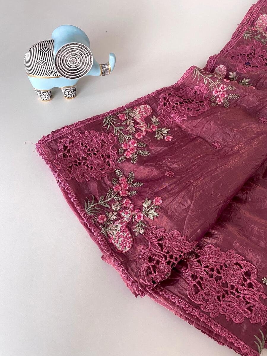 Lagniappe Wine Embroidery Work Crush Silk Saree With Sempiternal Blouse Piece - Image 3