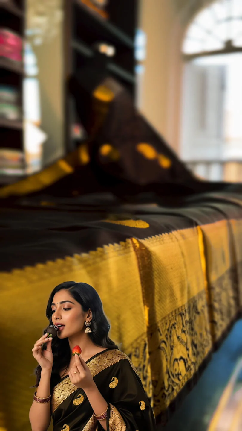 Lassitude Black Soft Banarasi Silk Saree With Glowing Blouse Piece - Image 4