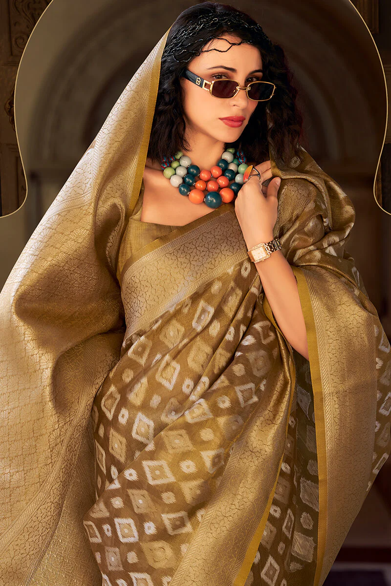 Lassitude Brown Soft Banarasi Tissue Silk Saree With Nectarous Blouse Piece - Image 2