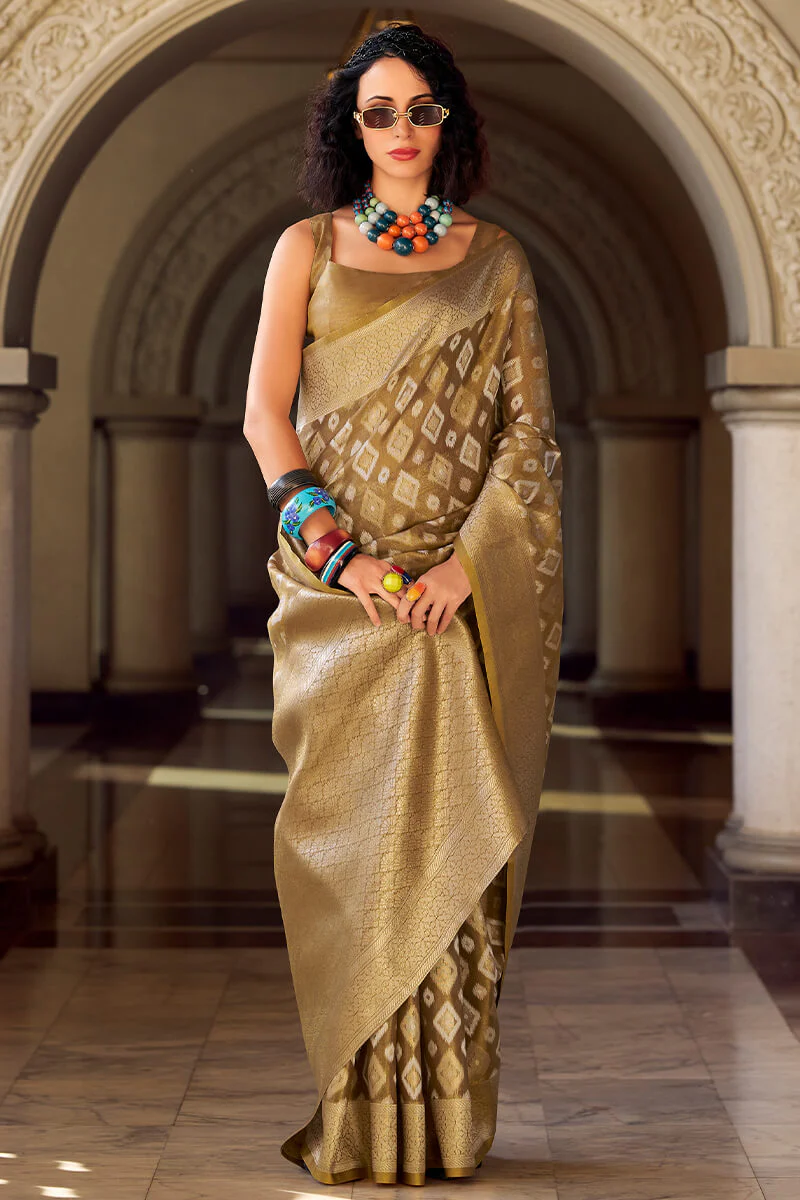 Lassitude Brown Soft Banarasi Tissue Silk Saree With Nectarous Blouse Piece - Image 3