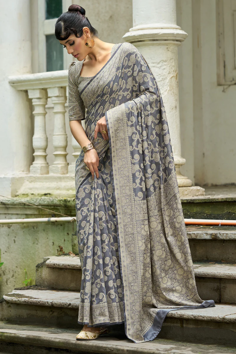 Lassitude Dark Grey Lucknowi Silk Saree With Seraglio Blouse Piece - Image 5