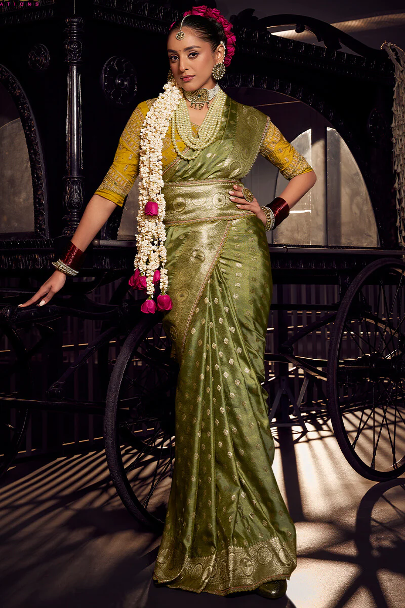 Lassitude Green Pure Viscose Tissue Banarasi Silk Saree With Staring Blouse Piece - Image 3