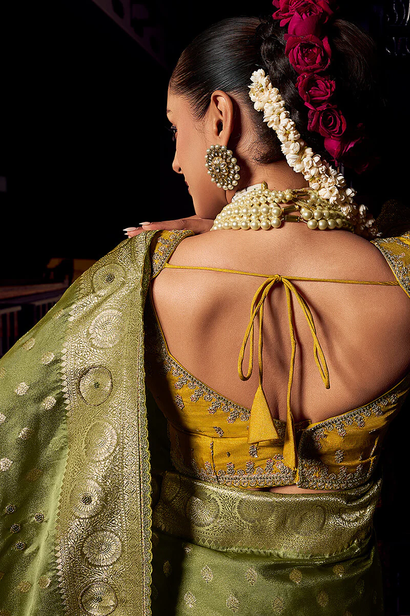Lassitude Green Pure Viscose Tissue Banarasi Silk Saree With Staring Blouse Piece - Image 4