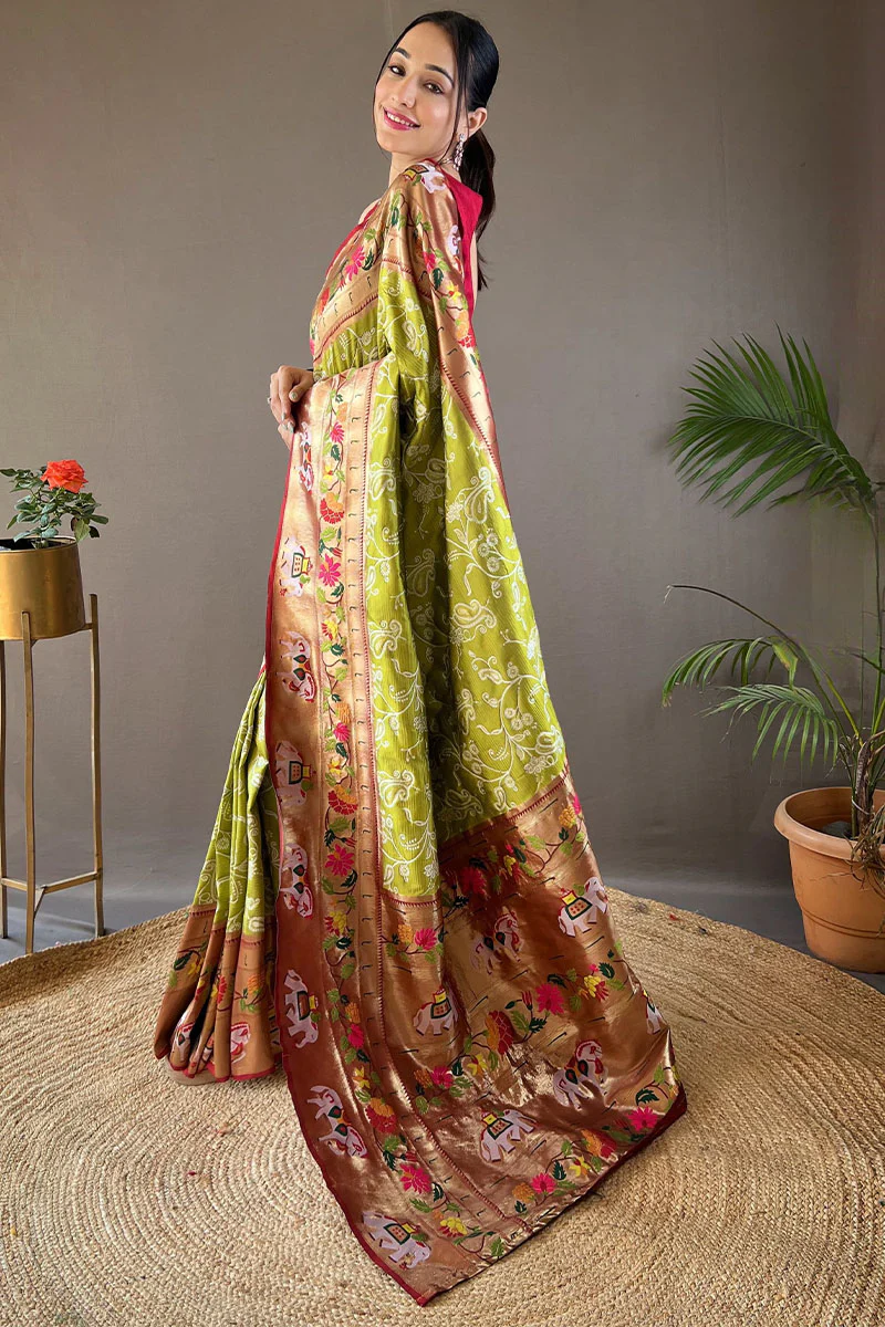 Lassitude Mehndi Paithani Silk Saree With Demure Blouse Piece - Image 3