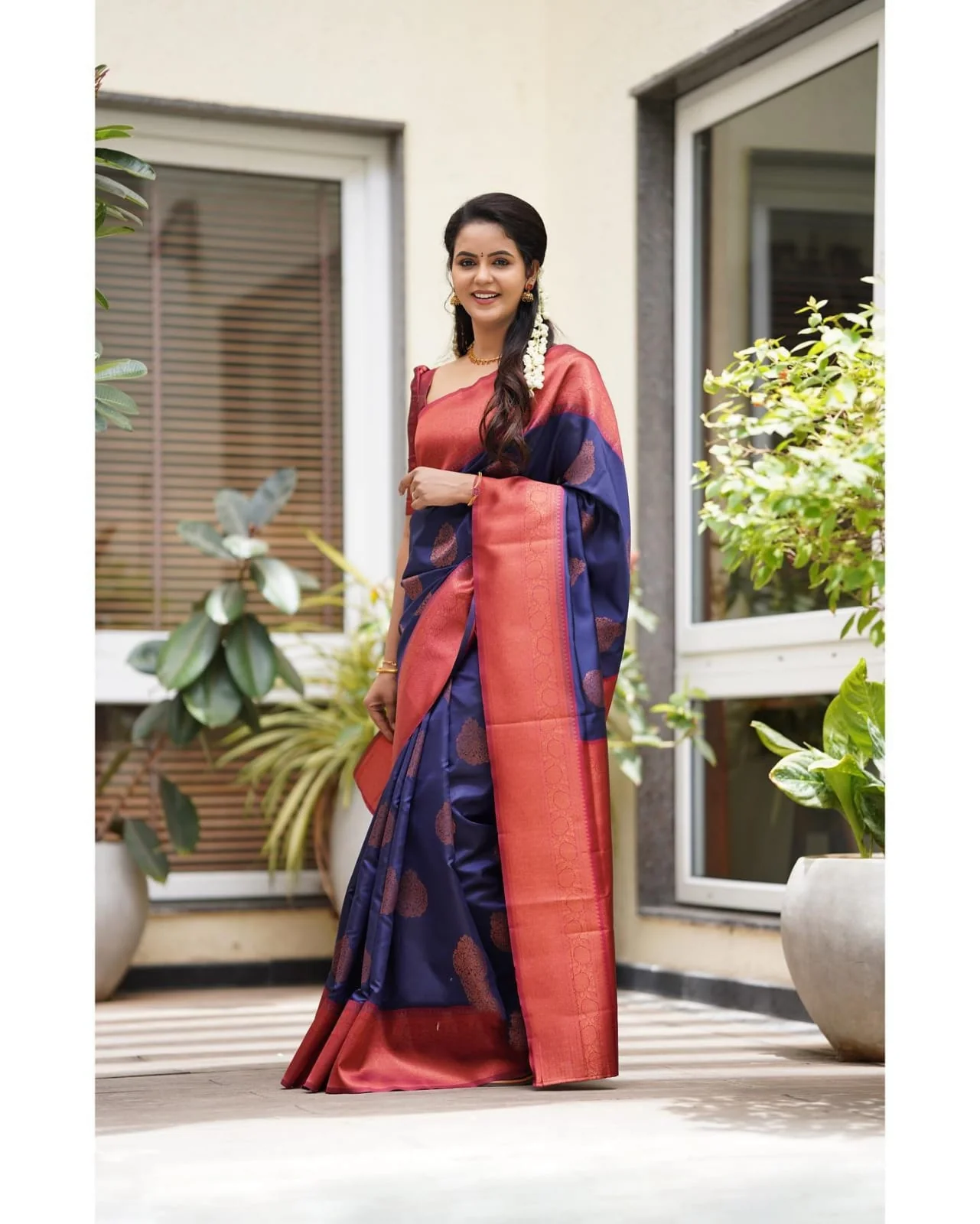 Lassitude Navy Blue Soft Silk Saree With Scintilla Blouse Piece - Image 3